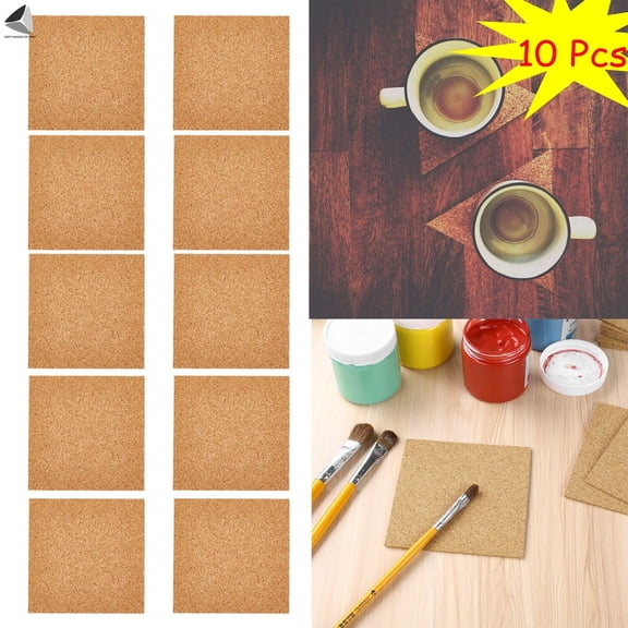 PULLIMORE 10 Pcs Self Adhesive Cork Board Tiles Natural Mini Backing Sheets for Coasters and DIY Crafts (Square, 3.9 x 3.9 in)