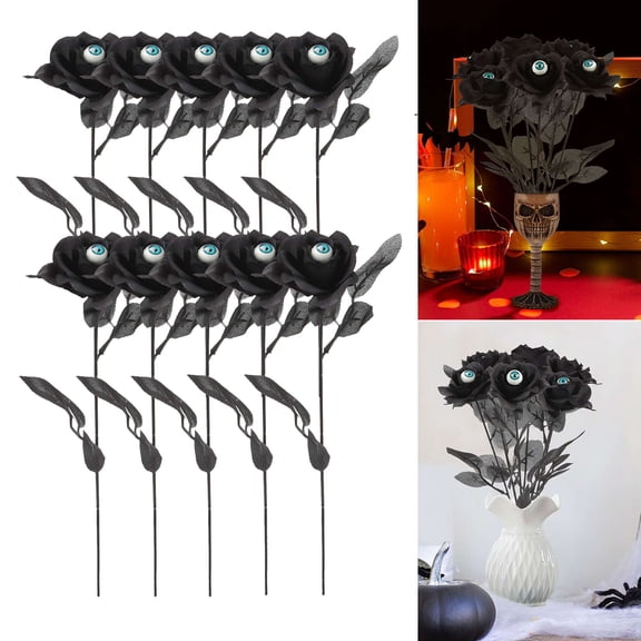 PULLIMORE 10Pcs Faux Rose with Eyeballs Halloween Black Flowers Faux Gothic Rose Bushes for Halloween Party Home Decor