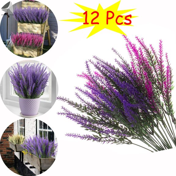 PULLIMORE 12 Bundles Artificial Flowers Lavender UV Resistant Fake Flowers Indoor Outdoor Faux Plant Decor (Purple)
