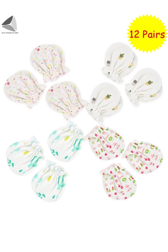 12 Pairs Newborn Baby Mittens Infant Toddler Cotton No Scratch Gloves for 0-6 Months Boys Girls
