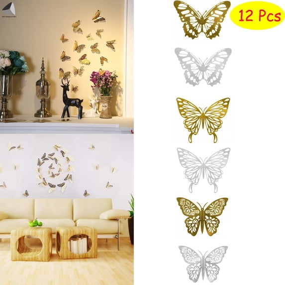 PULLIMORE 12 Pcs 3D Butterfly Wall Stickers Butterflies Wall Decorations DIY Art Decor for Home Bedroom Living Room TV Background Wall Kitchen Fridge Window (Silver)