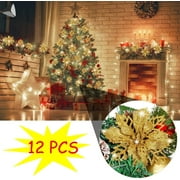 PULLIMORE 12 Pcs Poinsettia Artificial Christmas Flowers Decorations Glitter Xmas Tree Flower Ornaments (Gold)