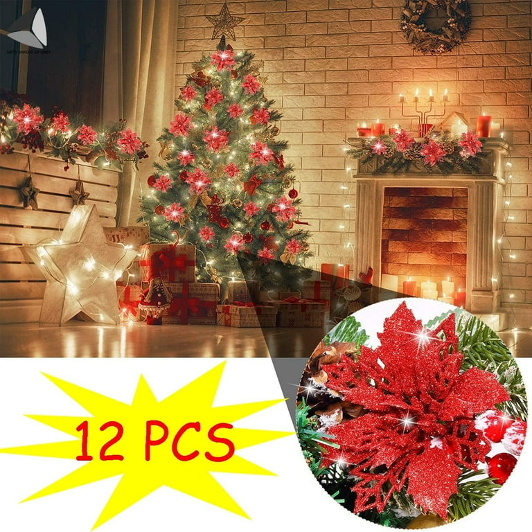 12 Pcs Poinsettia Christmas Flowers Decor - Glitter Red Artificial Flowers With Clips & Stems