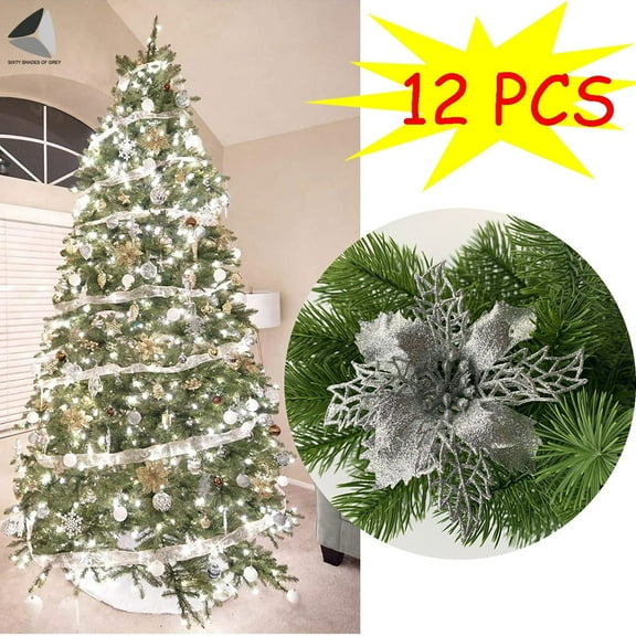 PULLIMORE 12 Pcs Poinsettia Artificial Christmas Flowers Decorations Glitter Xmas Tree Flower Ornaments (Silver)