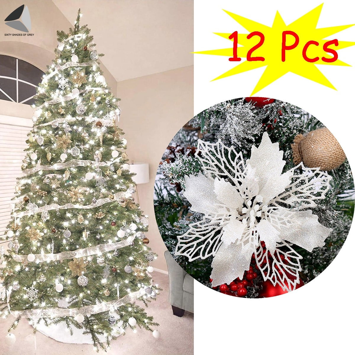 Sixtyshades 12 Pcs Poinsettia Artificial Christmas Flowers Decorations Glitter Xmas Tree Flower Ornaments (White)