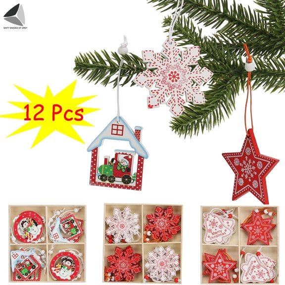 PULLIMORE 12 Pcs Wood Christmas Hanging Decorations Snowflake Snowman Bells Pendant Ornaments for Xmas Tree Garland Party Home Decor