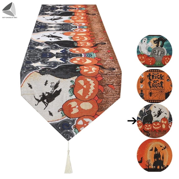PULLIMORE 14" x 71" Halloween Table Runner with Tassels, Linen Tapestry Table Runner Kitchen Dining Mats for Halloween Parties Dinning Room Dresser Supplies (Cat & pumpkin)