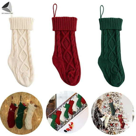 PULLIMORE 18 Inches Burgundy and Ivory Cable Knitted Christmas Stockings Xmas Tree Hanging Decor Gift - 3 Packs