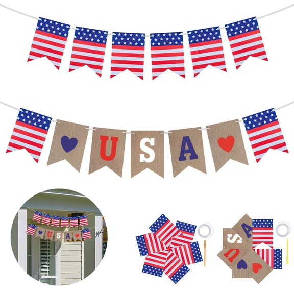 PULLIMORE 2 Pack Independence Day Burlap Banners for 4th of July Decorations USA Bunting American Flag Banners Garlands