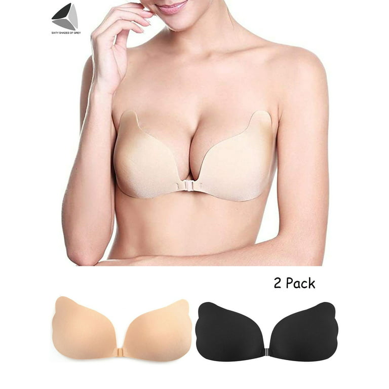 PULLIMORE 2 Pairs Women Adhesive Invisible Strapless Bra Reusable Push-up  Silicone Sticky Bra (Cup B, Black + Skin)