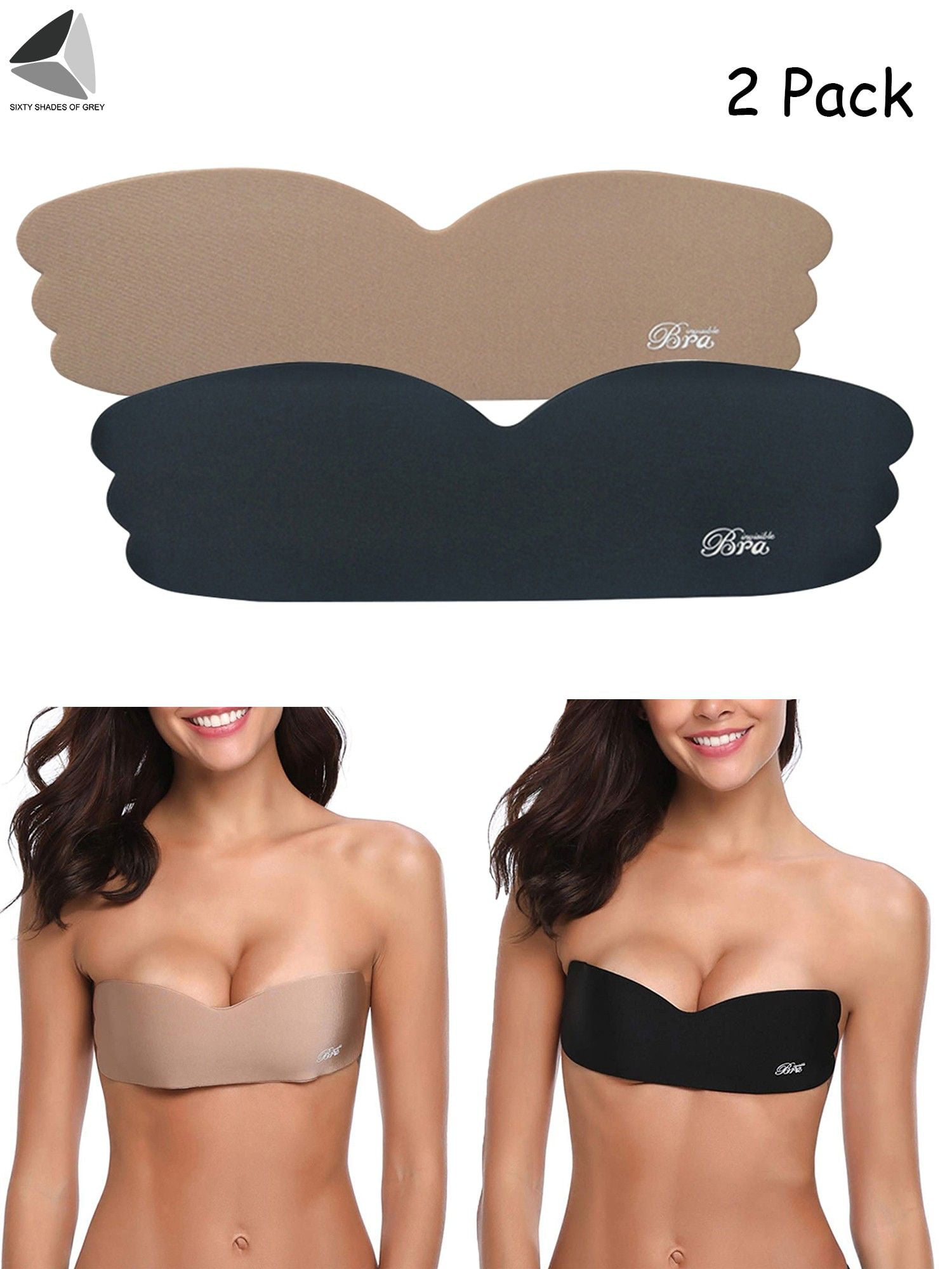 PULLIMORE 2 Pack Womens Backless Invisible Bras One Piece Self-Adhesive  Push UP Strapless Bra Nippleless Covers (Cup A/B, Black+White) 