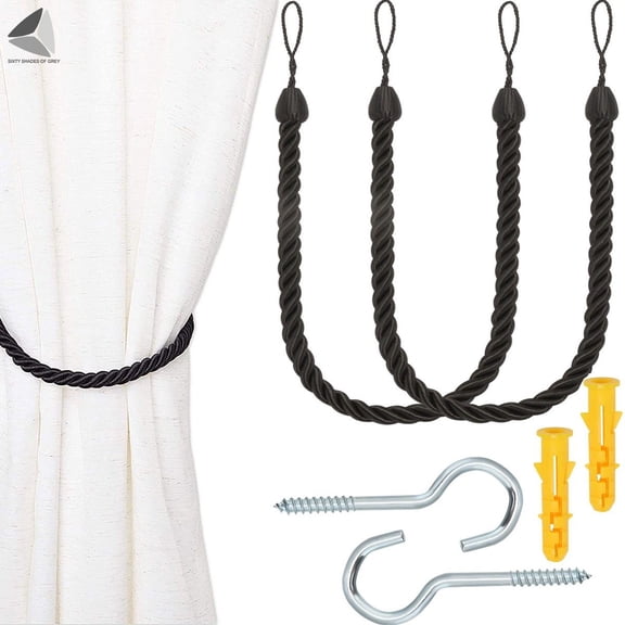 PULLIMORE 2 Pairs Curtain Tieback Ropes, Hand Hessian Rope Tiebacks with 2 Metal Screw Hooks for Home Drapes and Curtain Decor (Black)