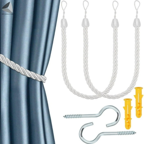 PULLIMORE 2 Pairs Curtain Tieback Ropes, Hand Hessian Rope Tiebacks with 2 Metal Screw Hooks for Home Drapes and Curtain Decor (White)