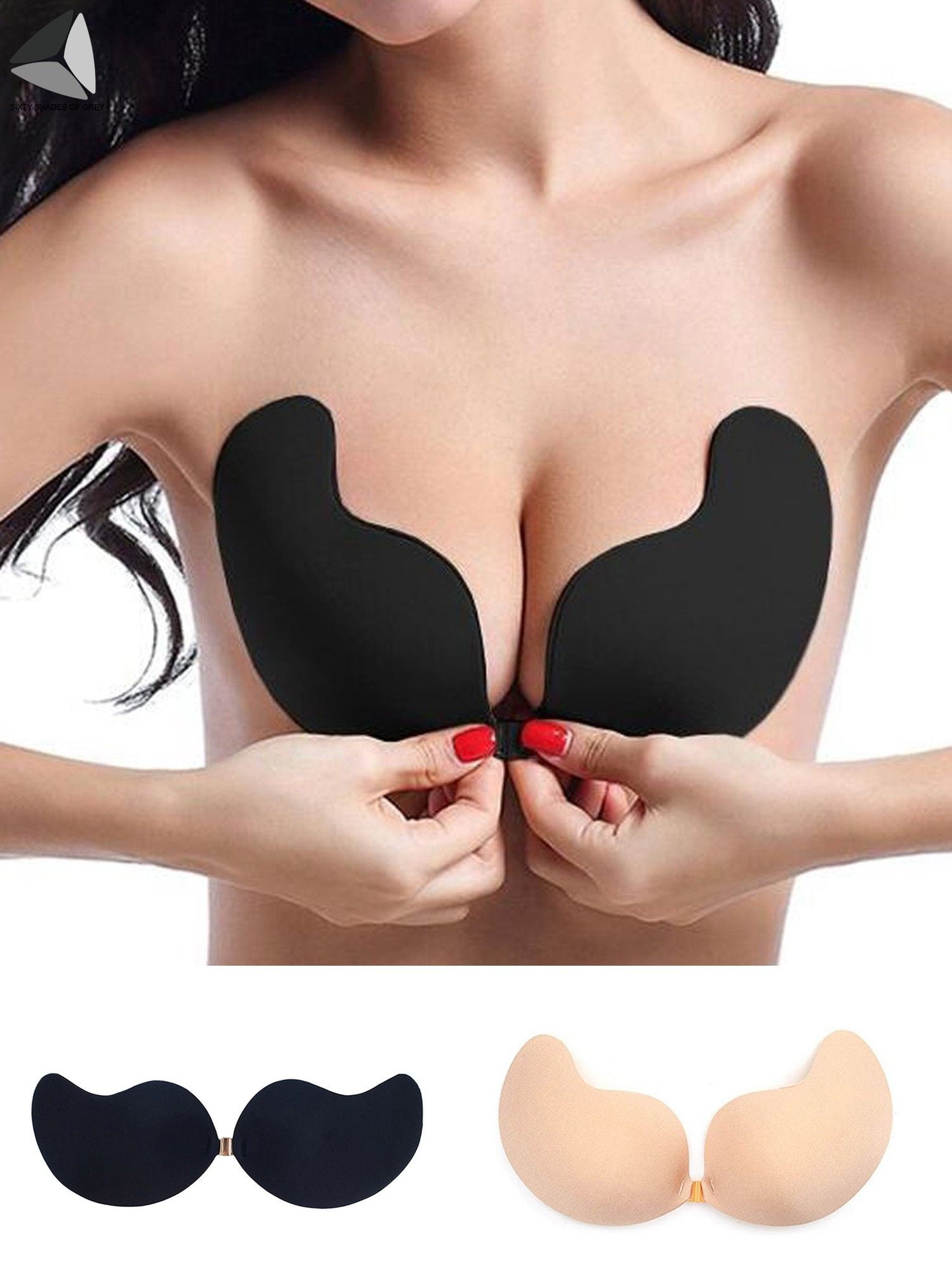 PULLIMORE 2 Pairs Push Up Adhesive Bra Chest Gathered V Neck Silicone Bras  Strapless Backless Invisible Bras (Cup B, Black+Skin)