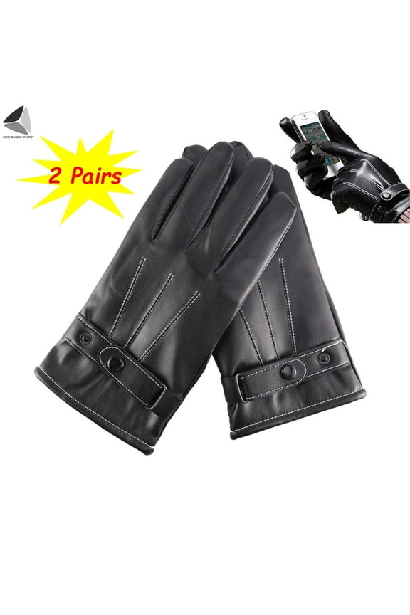 2 Pairs Winter Touchscreen Leather Gloves for Men Black Warm Thermal Lined Texting Gloves