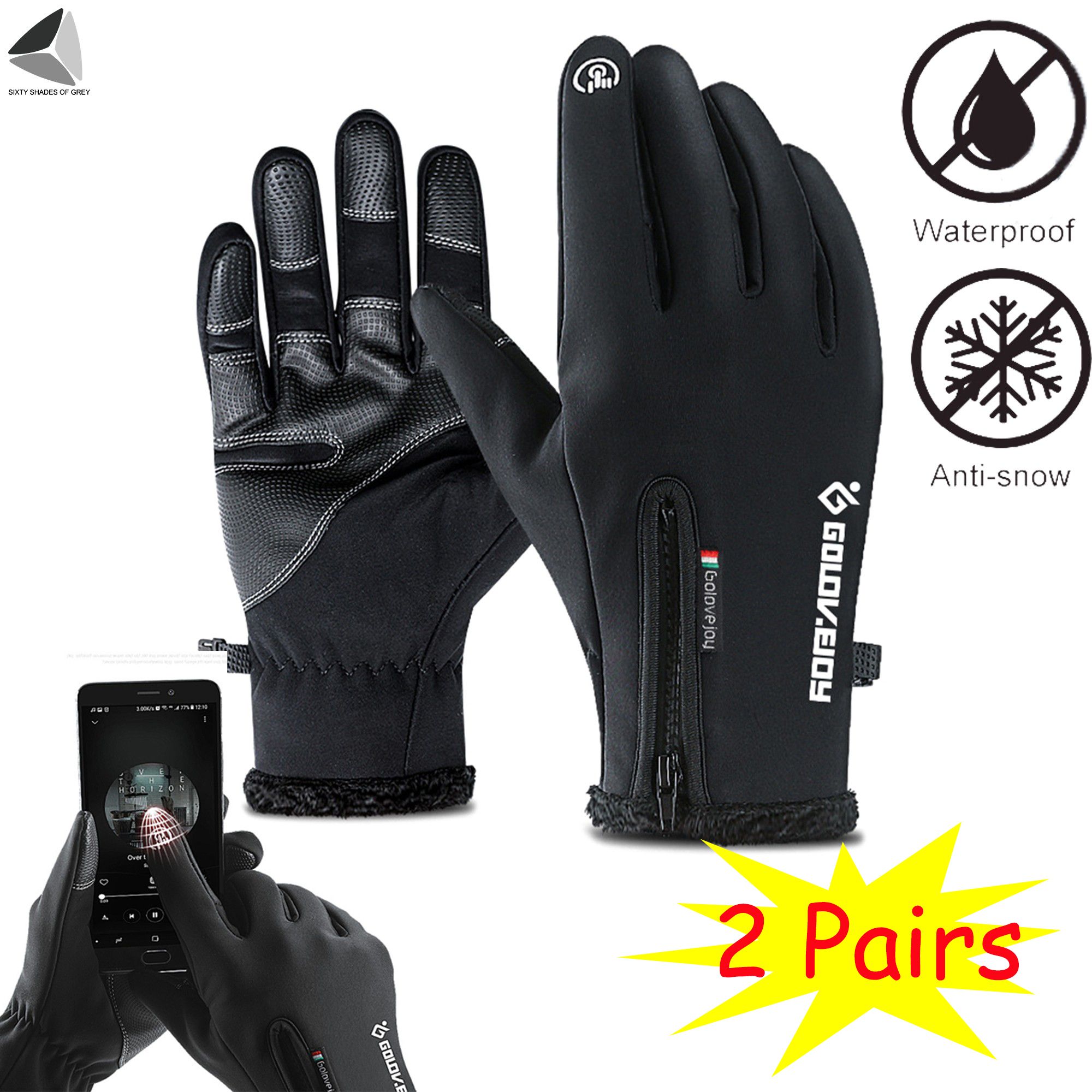 PULLIMORE 2 Pairs Winter Warm Gloves for Men Women Waterproof Touchscreen Gloves Non-Slip Mittens for Skiing Driving Cycling Running (2XL, Black) - image 1 of 9