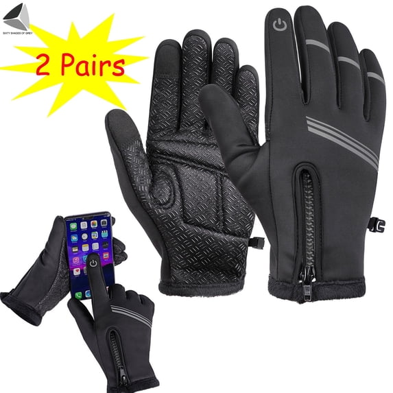 PULLIMORE 2 Pairs Winter Warm Touchscreen Gloves Anti-Slip Waterproof Zipper Ski Gloves Sport Mittens for Running Climbing Hiking (Size L)