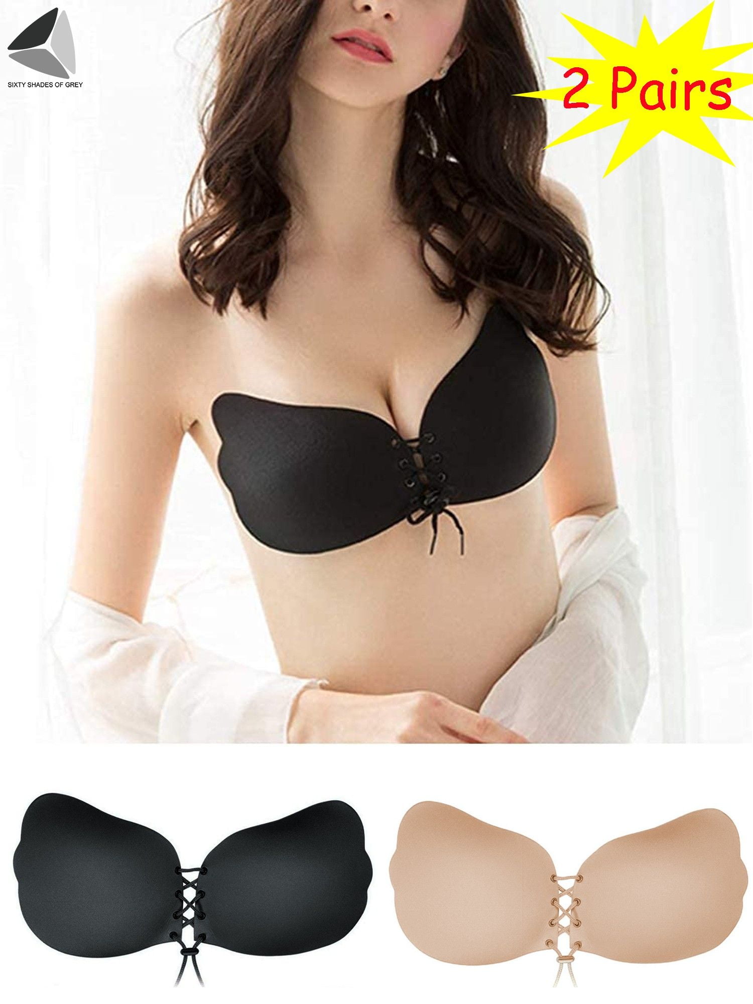 PULLIMORE 2 Pairs Women Adhesive Invisible Strapless Bra Reusable Push-up  Silicone Sticky Bra (Cup A, Black + Skin) 