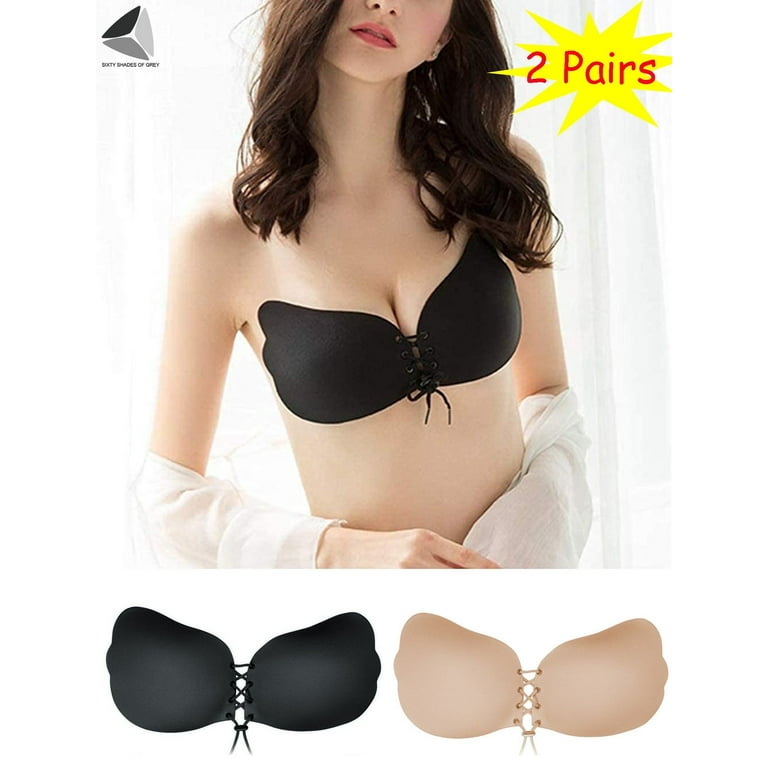 PULLIMORE 2 Pairs Women Adhesive Invisible Strapless Bra Reusable Push-up  Silicone Sticky Bra (Cup A, Black + Skin)