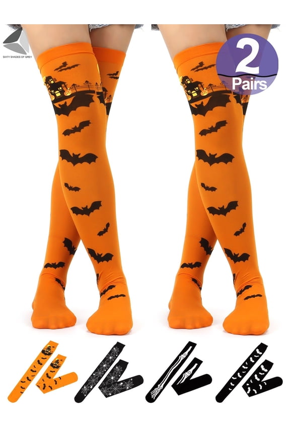 2 Pairs Women Halloween High Long Sockings Over Knees Socks, Spider Pumpkin Bat Skeleton Stockings Festival Cosplay Costume (Orange Bat)