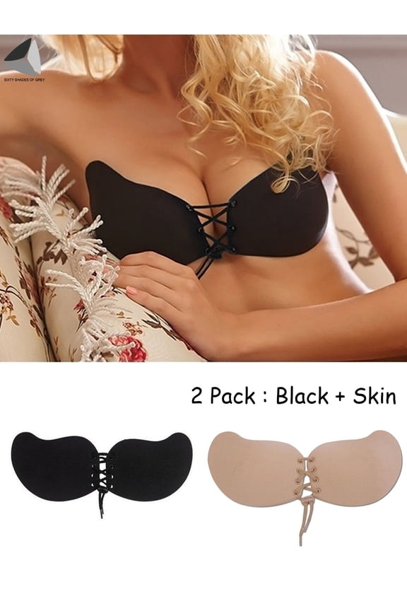 2 Pairs Women's Push Up Invisible Bras Breathable Self-Adhesive Backless Bras Drawstring Chest Stickers (Cup D, Black+Skin)