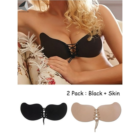 PULLIMORE 2 Pairs Women's Push Up Invisible Bras Breathable Self-Adhesive Backless Bras Drawstring Chest Stickers (Cup D, Black+Skin)