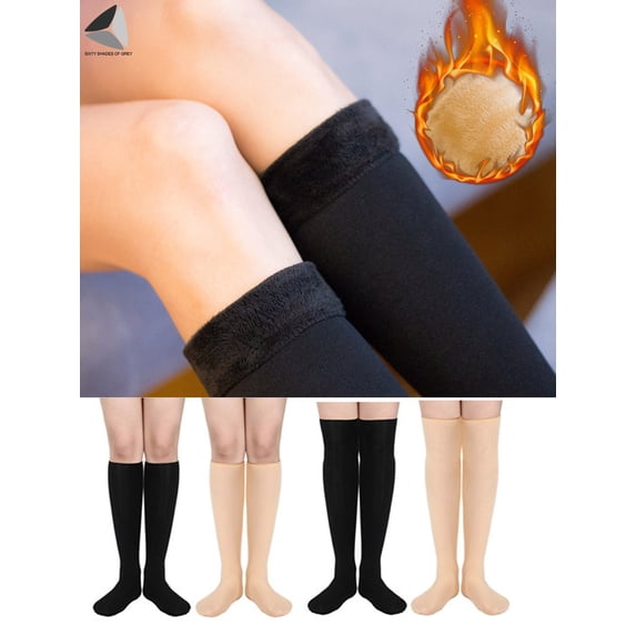 PULLIMORE 2 Pairs Womens Fleece Lined Knee High Thigh Socks Winter Warm Cozy Thick Stockings (Black + Skin)