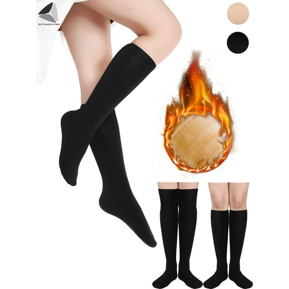 PULLIMORE 2 Pairs Womens Fleece Lined Knee High Thigh Socks Winter Warm Cozy Thick Stockings (Black)