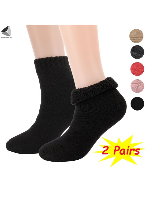 2 Pairs Womens Winter Wool Socks Vintage Boot Crew Socks Warm Thick Knit Socks (Black)