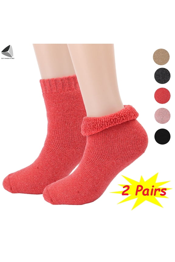 2 Pairs Womens Winter Wool Socks Vintage Boot Crew Socks Warm Thick Knit Socks (Red)