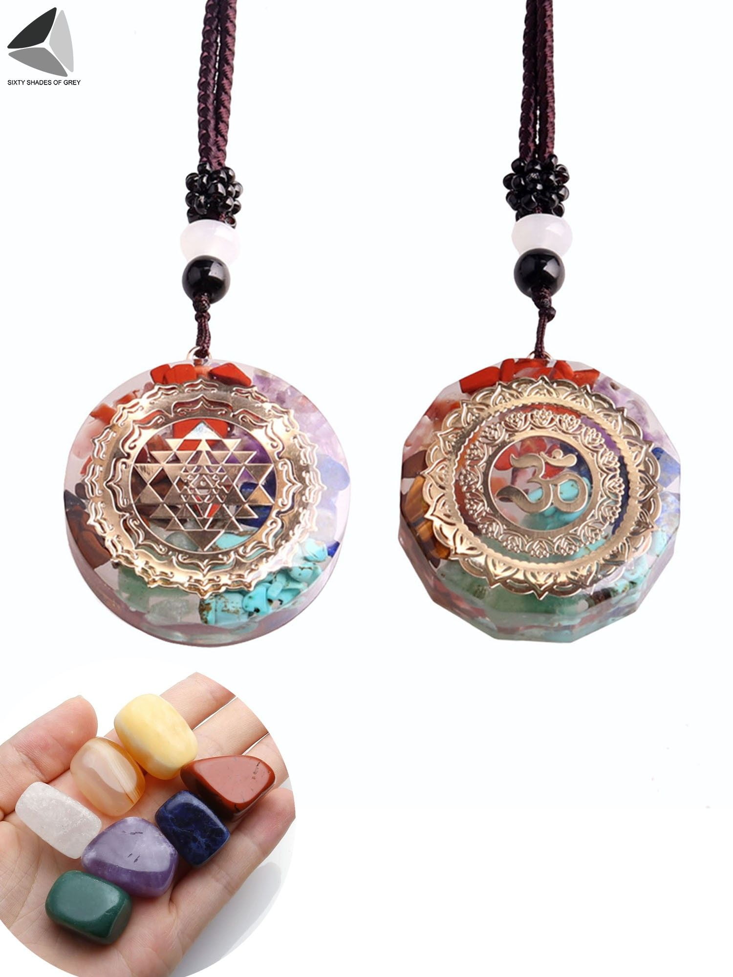PULLIMORE 7 Chakra Round Pendant Necklace Real Stone for EMF Protection Spiritual Energy Healing