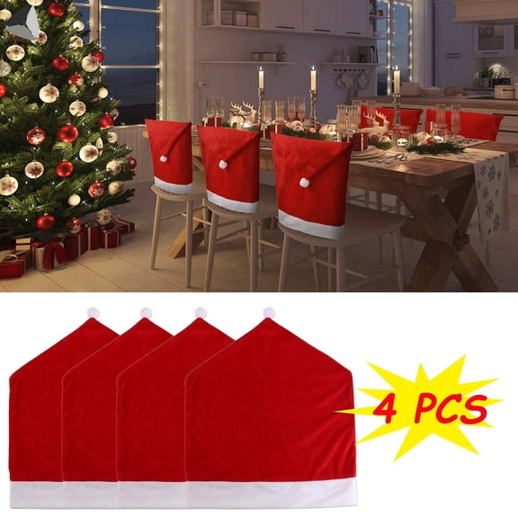 PULLIMORE 2 Pcs Christmas Chair Back Covers Red & Gray Santa Hat Seat Cover for Dining Room Kitchen Party Decor (Red)