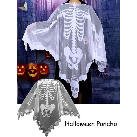 PULLIMORE 2 Pcs Halloween White Lace Skeleton Poncho Day of the Dead Costume for Women Men