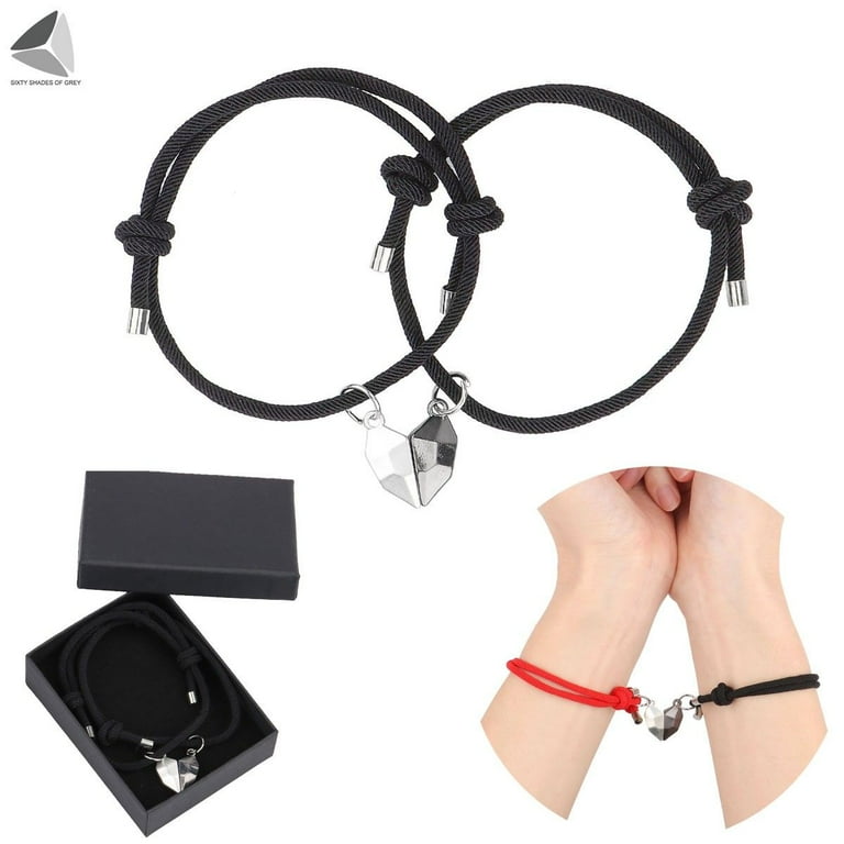 Pullimore 2 Pcs Magnetic Couple Bracelets Love Heart Friendship Promise Rope His and Hers Jewelry Gift Black Adult Unisex Size 4.72 10.24 in
