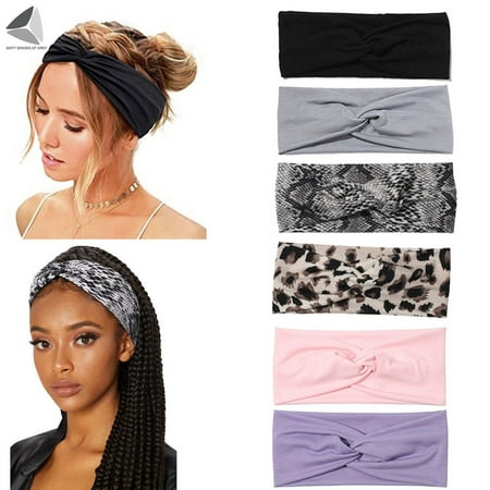 PULLIMORE 2 Pcs Women Cross Headbands Vintage Leopard Twisted Wide Hair Bands for Yoga Workout Running Sport (Solid Color)
