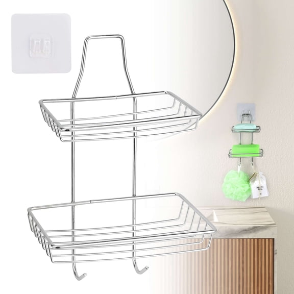 PULLIMORE 2-Tier Shower Soap Holder, Adhesive Stainless Steel Dish with Hooks