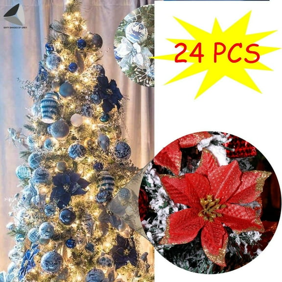 PULLIMORE 24 Pcs Artificial Christmas Poinsettia Flowers Glitter Tree Hanging Xmas Party Tree Decoration (Red)