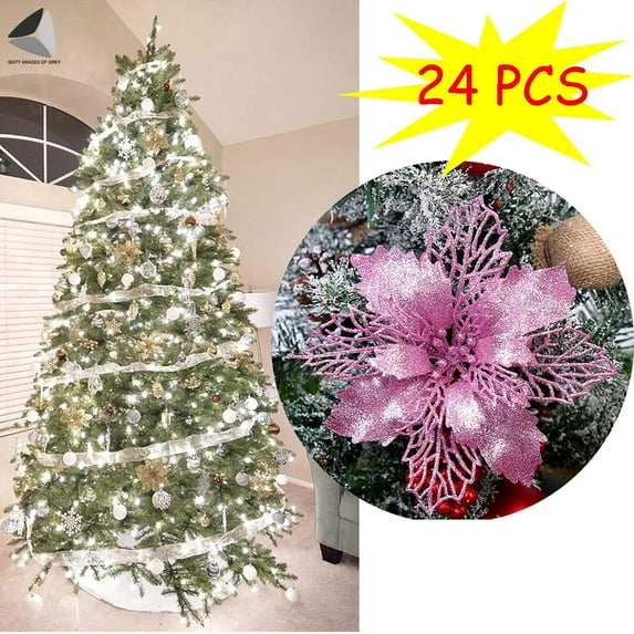 PULLIMORE 24 Pcs Poinsettia Artificial Christmas Flowers Decorations Glitter Xmas Tree Flower Ornaments (Pink)