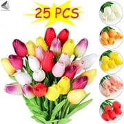 PULLIMORE 25 Pcs Tulips Artificial Flowers Real Touch Faux Tulip for Easter Spring Wreath Wedding Bouquet Table Decor (5 Colors)