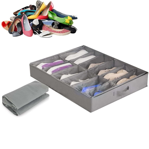 PULLIMORE 2PCS Under Bed Shoe Storage Organizers 12 Grids Underbed Shoe Containers Storage Box with Clear Cover