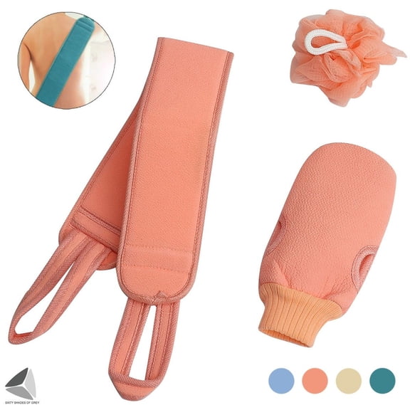 PULLIMORE 3 Pack Exfoliating Back Scrubber for Shower, Soft Brush Shower Ball, Back Scrubber Set, Exfoliating Gloves, Women Men Skin Towel Bath (Pink)