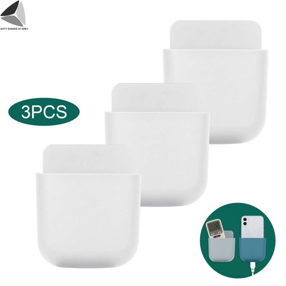 PULLIMORE 3 Pack Remote Control Holder Adhesive Wall Mount Holders Hole-Free Phone Charging Organizer For Home Office School Supply Storage (White)