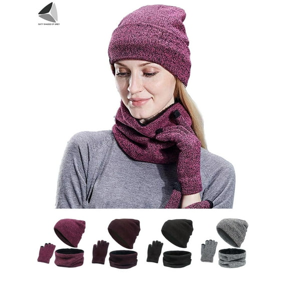 PULLIMORE 3 Pack Winter Knitted Beanie Hat Scarf Gloves Set for Men Women Beanie Hat Circle Scarf Touchscreen Gloves Set (Black)