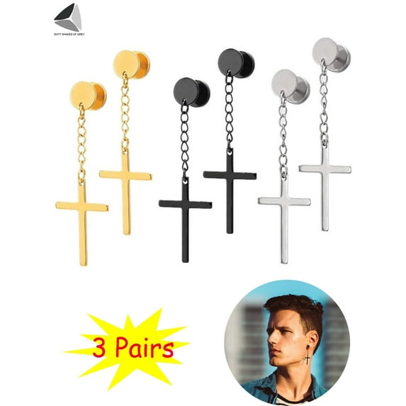 PULLIMORE 3 Pairs Stainless Steel Cross Earrings Vintage Circle Screw Stud Hinged Dangle Cross Earring for Men Women (3 Colors)