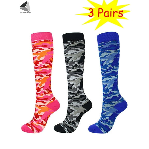 PULLIMORE 3 Pairs Womens Mens Camo Compression Socks Camouflage Cotton Knee High Athletic Stockings (Pink, L/XL)