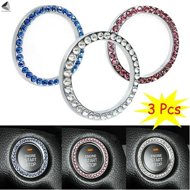 PULLIMORE 3 Pcs Bling Car Decor Crystal Rhinestone Car Engine Start Stop Decoration Ring, Bling Car Interior Accessories for Women, Push to Start Button Sticker(Silver)