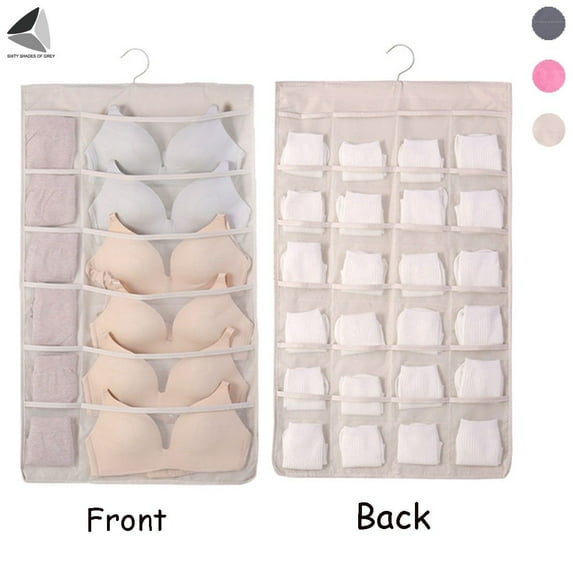 PULLIMORE 3 Pcs Hanging Underwear Organizer Dual-Sided 12 / 36 Pockets Mesh Storage Bags Bra Socks Underwear Underpants Wall Closet Organizer Pouch (Beige)