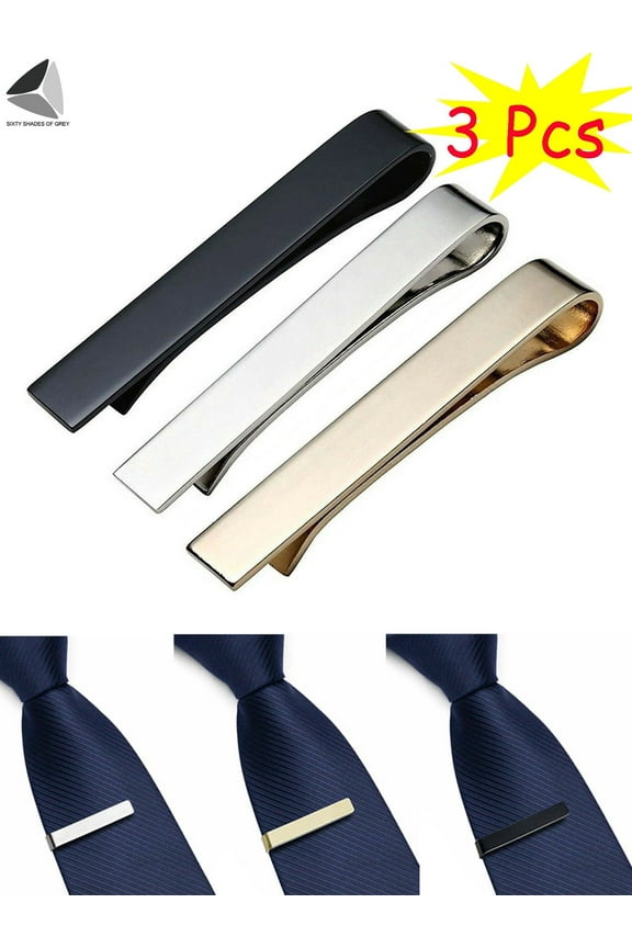 3 Pcs Mens Stainless Steel Tie Clip Necktie Bar Clasp Best Gifts for Business Wedding Anniversary Christmas (Black + Gold + Silver)