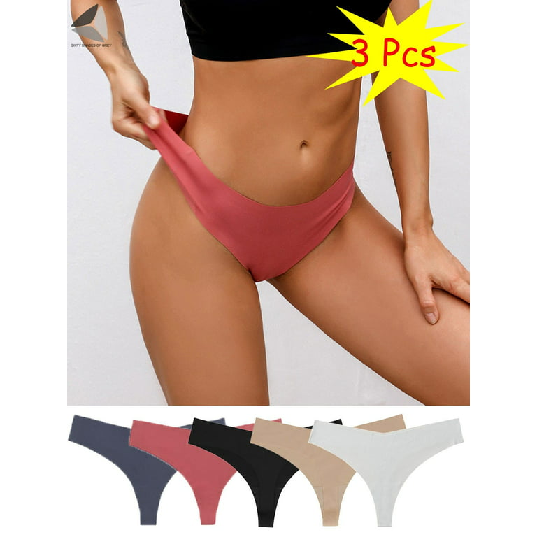PULLIMORE 3 Pcs Women Seamless Sexy Thongs No Show V-waisted Thong Underwear  Breathable Perfect Fits Panties (L, Black) 
