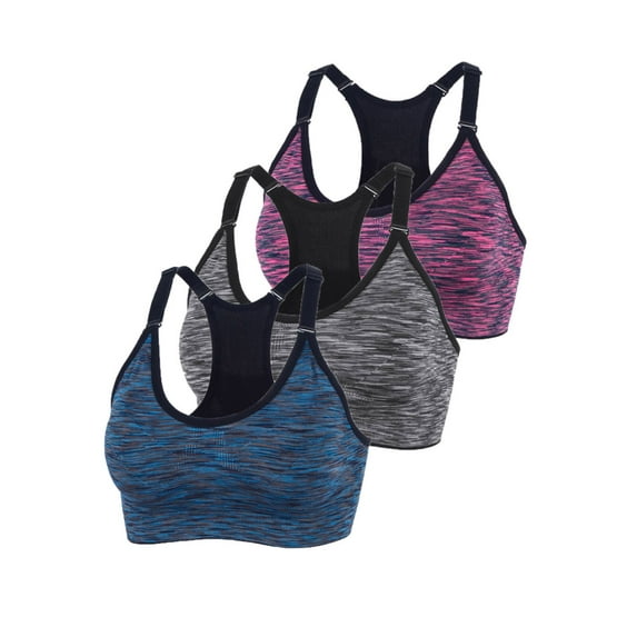 PULLIMORE 3 Pcs Women Seamlesss Racerback Sport Bra Removable Pad Yoga Lingerie Bras for Yoga Gym Workout Fitness (XL, 3 Colors)